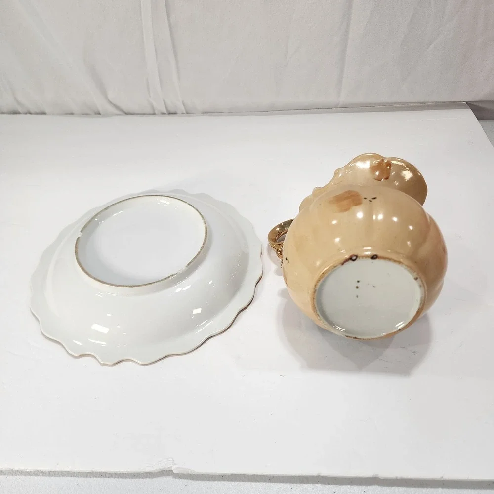 Vintage Fruit Motif Ceramic Pitcher and Basin Set Gold Trim Scalloped Edge 7in